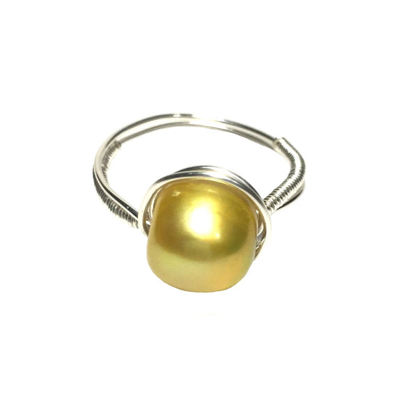 Yellow Natural Freshwater Pearl Silver Wire Wrapped Handmade Ring