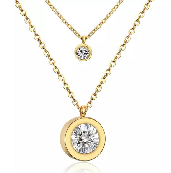 Double Layer Rhinestone  Chain Necklace Yellow Gold Stainless Steel