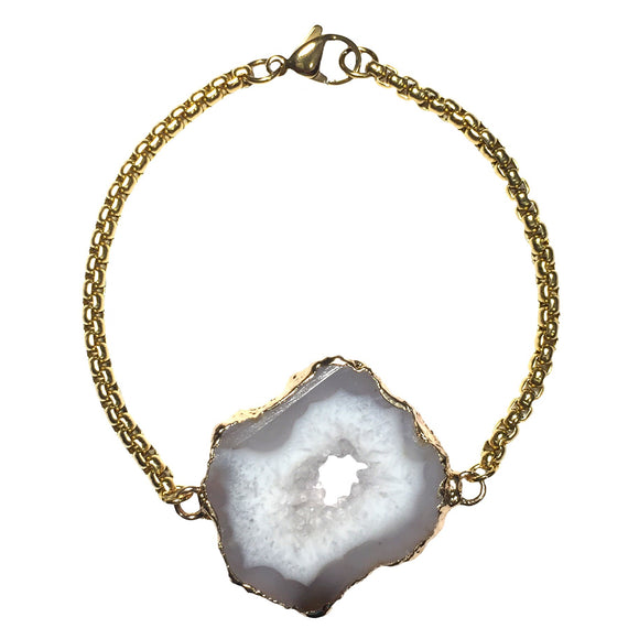 Druzy Agate Natural Semi Precious Gemstone 18K GP Yellow Gold Plated Chain Bracelet