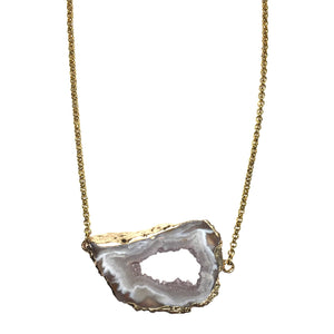 Druzy Agate Quartz Crystal Natural Semi Precious Gemstone 18K GP Yellow Gold Plated Chain Necklace