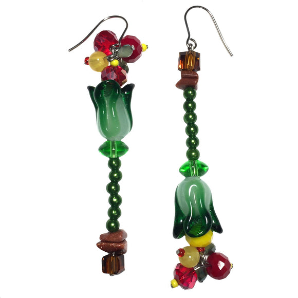 Red Green Yellow Floral Beaded Handcrafted OOAK Earrings