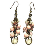 Rose Pink Bronze Floral Gemstone Beaded Chunky Chain Handcrafted Earrings