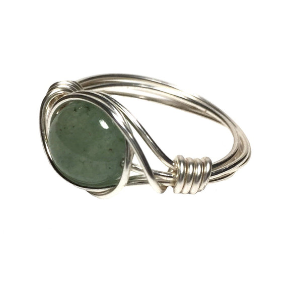 Green Aventurine Natural Semi Precious Gemstone Silver Wire Wrapped Handmade Ring