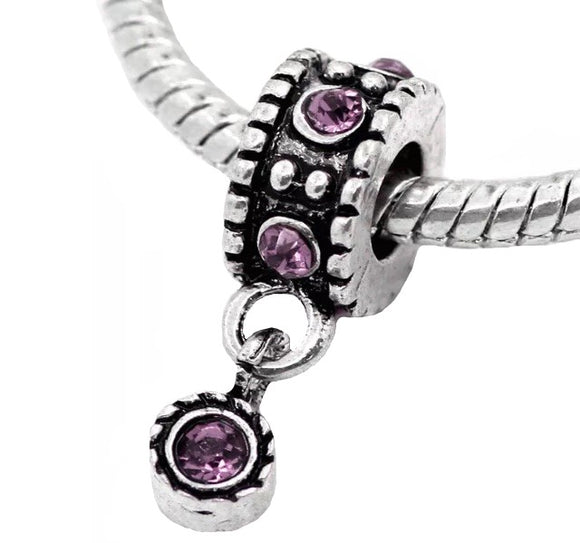 Purple Rhinestone February Birthstone Slider Bead Charm Fits Pandora