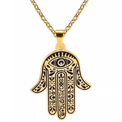 Hamsa Evil Eye Chain Necklace Yellow Gold Plated 18K GP