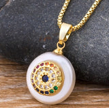 Evil Eye Natural Mother of Pearl Rainbow Rhinestone Chain Necklace Yellow Gold