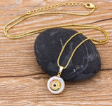 Evil Eye Natural Mother of Pearl Rainbow Rhinestone Chain Necklace Yellow Gold