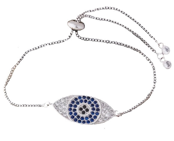 Evil Eye Rhinestone Adjustable Chain Bracelet White Gold Silver