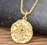 Hamsa Medallion Rhinestone Chain Necklace Yellow Gold