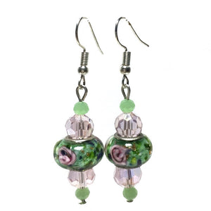 Green Pink Floral Murano Lampwork Glass Crystal Beaded Handcrafted Earrings