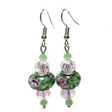 Green Pink Floral Murano Lampwork Glass Crystal Beaded Handcrafted Earrings