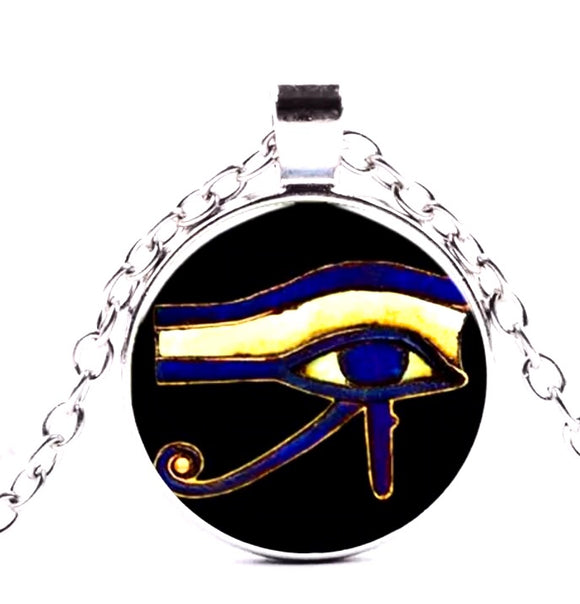 Egyptian Eye of Ra Glass Dome Pendant Chain Necklace Silver