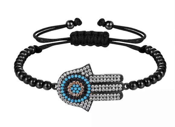 Hamsa Evil Eye Rhinestone Beaded Adjustable Cord Bracelet Black