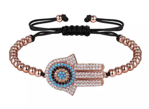 Hamsa Evil Eye Rhinestone Beaded Adjustable Cord Bracelet Rose Gold