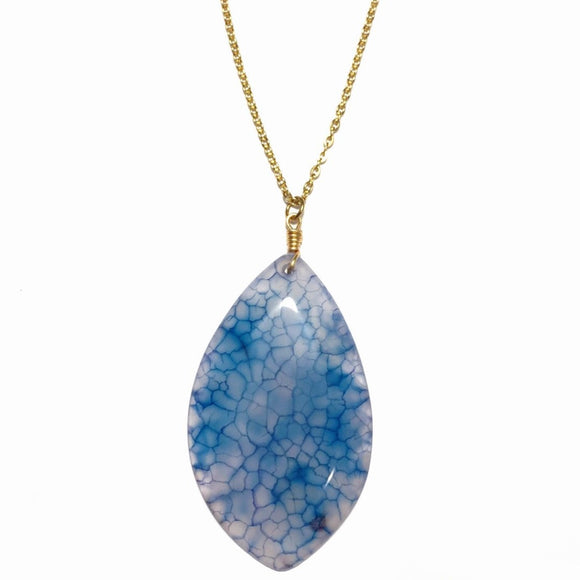 Blue Dragon Vein Agate Pendant 18K GP Yellow Gold Plated Chain Necklace