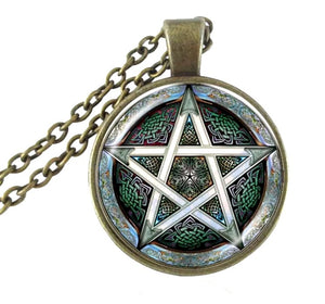 Pentagram Bronze Glass Dome Pendant Chain Necklace