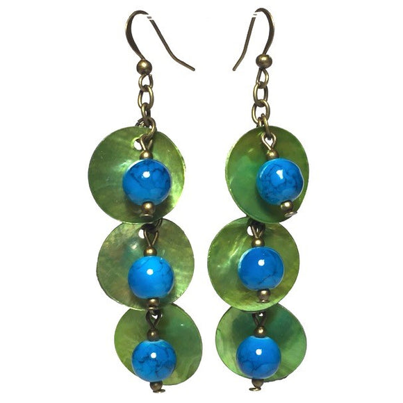 Green Seashell Blue Glass Beaded Bronze Chain Handmade Earrings