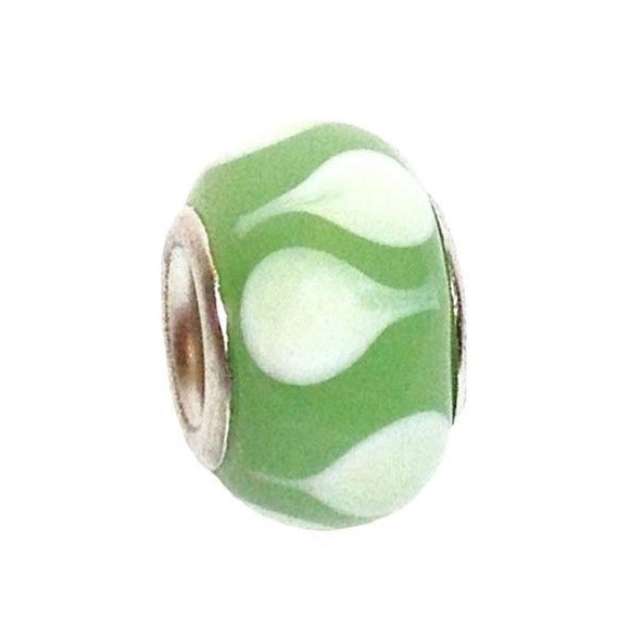 Mellow Earth Green White Petals Murano Glass Bead Charm Fits Pandora