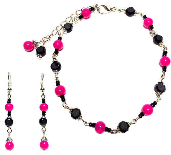 Fuchsia & Black Handcrafted Beaded Set (Anklet Earrings)