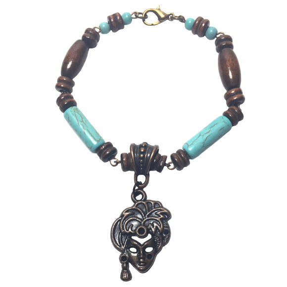 Copper Venetian Mask Natural Wood Howlite Gemstone Beaded Handmade Bracelet