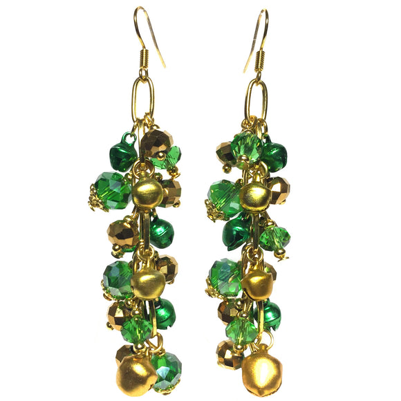 Green and Gold Jingle Bell Dancing Beaded Chunky Handmade Earrings