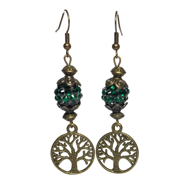 Tree of Life Bronze Emerald Green Beaded Handcrafted Charm Earrings