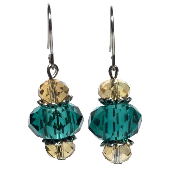 Cyan and Champagne Glass Crystal Beaded Handcrafted Earrings