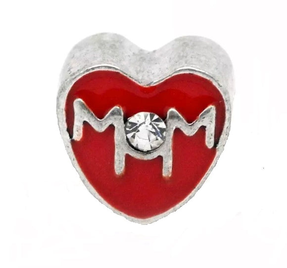 Mom Red Heart Rhinestone Slider Bead Charm (Fits Pandora)