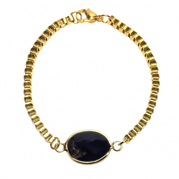 Black Agate Oval Gemstone 18K GP Yellow Gold Plated Chain Bracelet