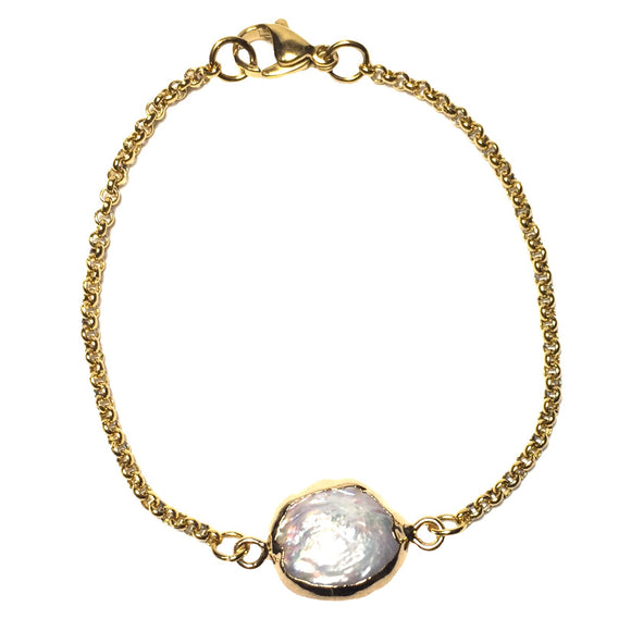 Natural Mother of Pearl 18K GP Yellow Gold Plated Chain Bracelet