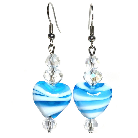 Blue White Lampwork Glass Heart Crystal Beaded Handcrafted Earrings