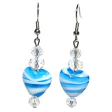 Blue White Lampwork Glass Heart Crystal Beaded Handcrafted Earrings