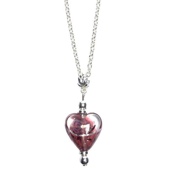 Purple Floral Heart Lampwork glass pendant silver chain necklace