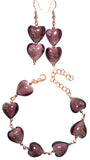 Purple Lampwork Floral Hearts Beaded Handmade Bracelet Earring Set