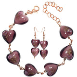 Purple Lampwork Floral Hearts Beaded Handmade Bracelet Earring Set