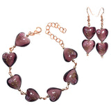 Purple Lampwork Floral Hearts Beaded Handmade Bracelet Earring Set