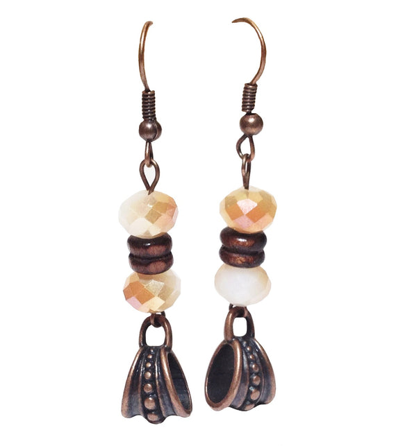 Peach Crystal Glass and Wood Handmade Beaded Copper Earrings