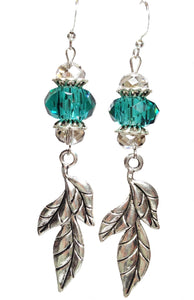 Cyan Glass & Crystal Leaf Beaded Earrings