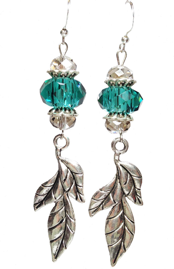 Cyan Glass & Crystal Leaf Beaded Earrings