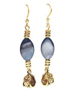 Natural Navy Blue Seashell Antiqued Gold Beaded Handmade Earrings