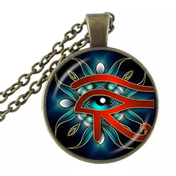 Egyptian Eye of Horus Bronze Glass Dome Chain Necklace