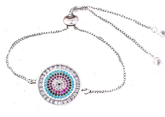 Evil Eye Rainbow Rhinestone Adjustable Chain Bracelet White Gold Silver